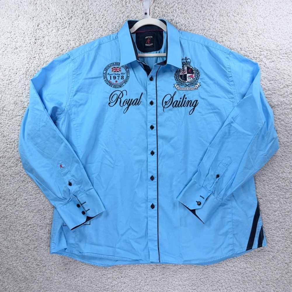 Absolute Rebellion Button Down Men 4XL Blue Royal Sailing Embroidered Shirt